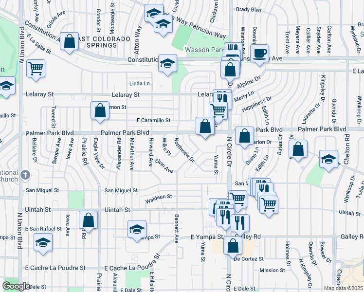 map of restaurants, bars, coffee shops, grocery stores, and more near 1407 Northview Drive in Colorado Springs