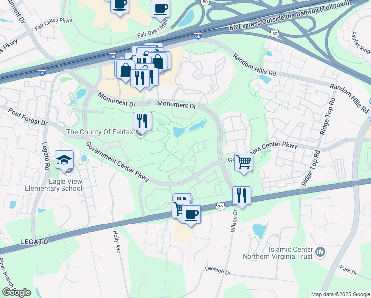 map of restaurants, bars, coffee shops, grocery stores, and more near 11778 Rockaway Lane in Fairfax
