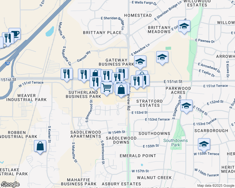 map of restaurants, bars, coffee shops, grocery stores, and more near 1837 South Ridgeview Road in Olathe