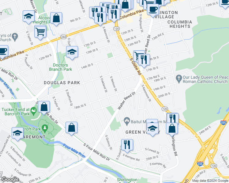 map of restaurants, bars, coffee shops, grocery stores, and more near 1726 South Nelson Street in Arlington