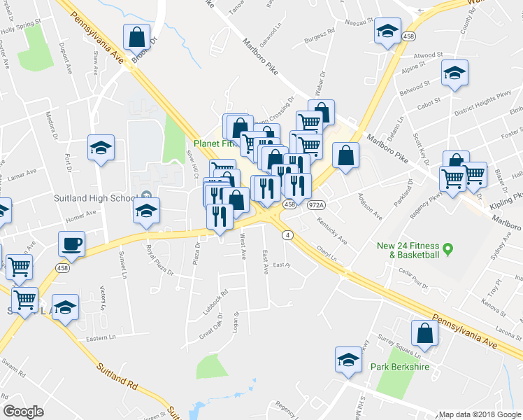 map of restaurants, bars, coffee shops, grocery stores, and more near 5634 Silver Hill Road in District Heights
