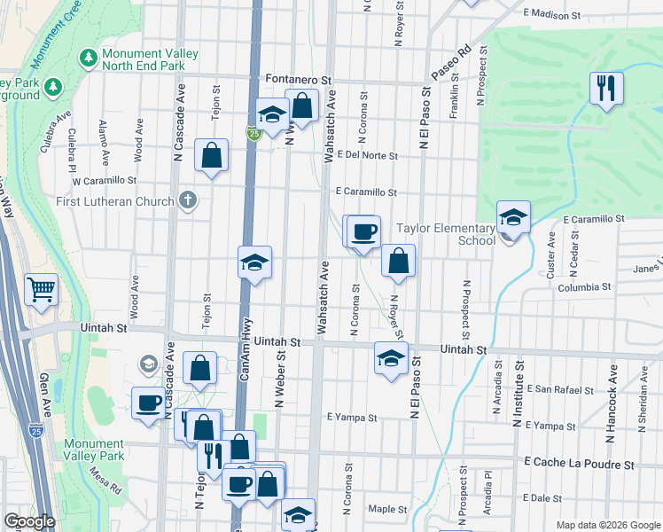 map of restaurants, bars, coffee shops, grocery stores, and more near 1333 North Wahsatch Avenue in Colorado Springs