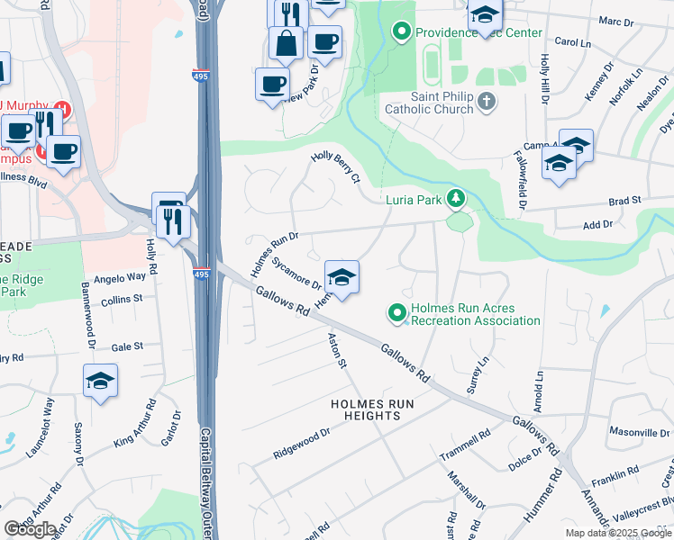 map of restaurants, bars, coffee shops, grocery stores, and more near 3334 Hemlock Drive in Falls Church