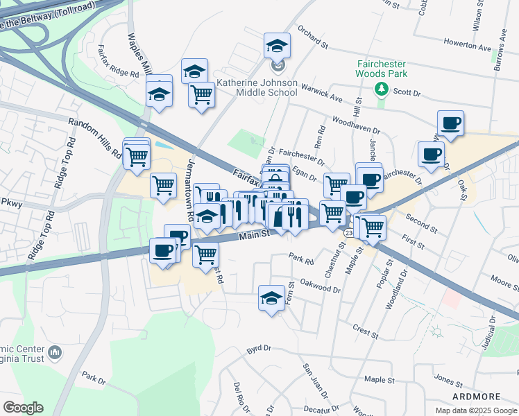map of restaurants, bars, coffee shops, grocery stores, and more near 11096 Lee Highway in Fairfax