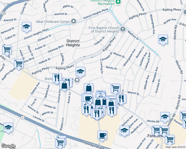 map of restaurants, bars, coffee shops, grocery stores, and more near Helena Place in Prince George's County