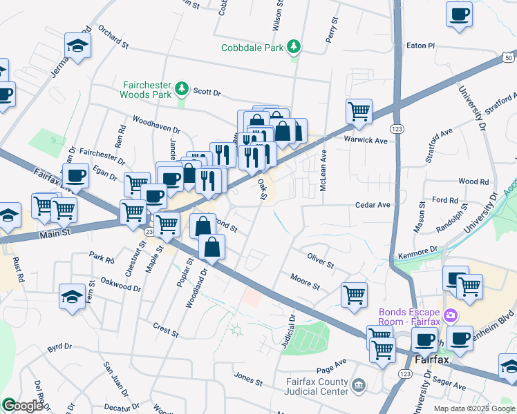 map of restaurants, bars, coffee shops, grocery stores, and more near 10807 Cedar Avenue in Fairfax