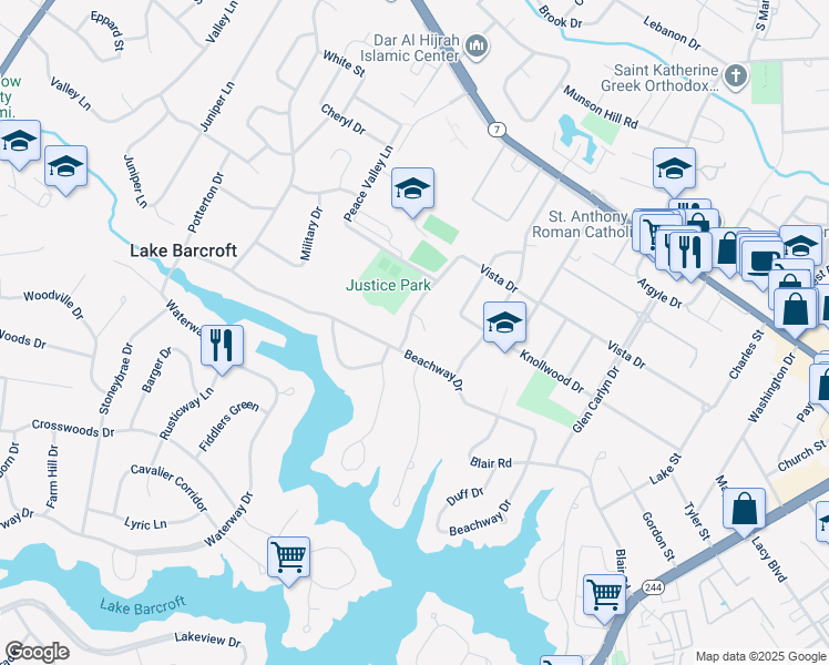 map of restaurants, bars, coffee shops, grocery stores, and more near 3347 Mansfield Road in Falls Church
