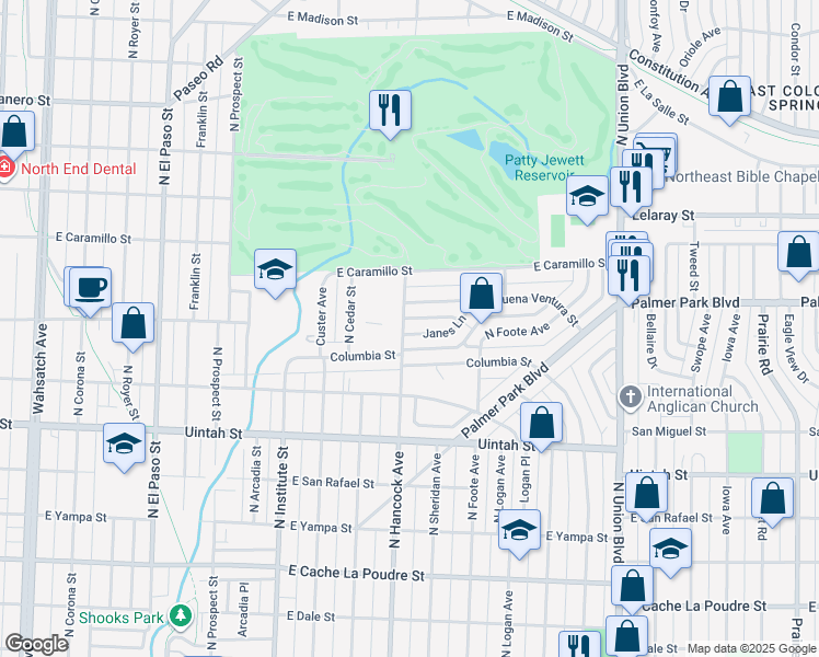 map of restaurants, bars, coffee shops, grocery stores, and more near 1211 Janes Lane in Colorado Springs