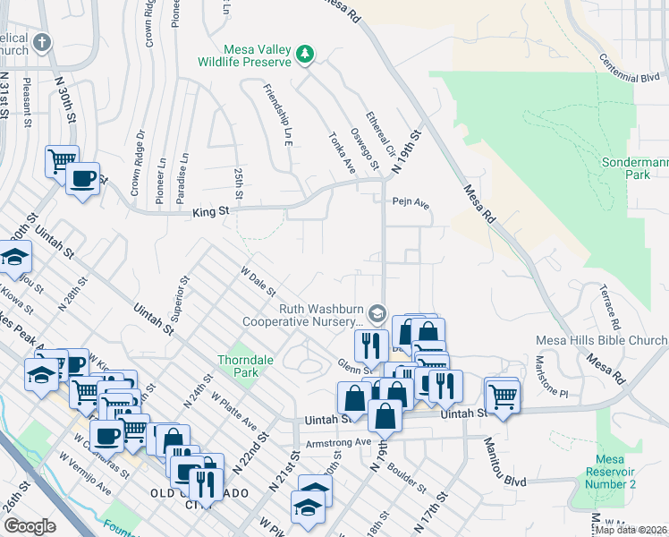 map of restaurants, bars, coffee shops, grocery stores, and more near 980 Columbine Avenue in Colorado Springs