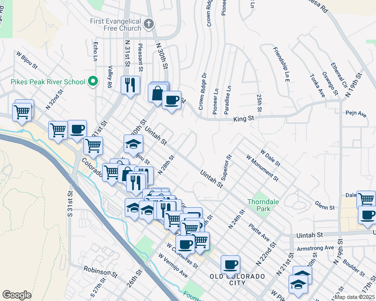 map of restaurants, bars, coffee shops, grocery stores, and more near 20 North 8th Street in Colorado Springs