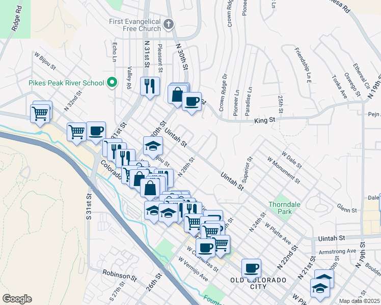 map of restaurants, bars, coffee shops, grocery stores, and more near 2811 West Platte Avenue in Colorado Springs