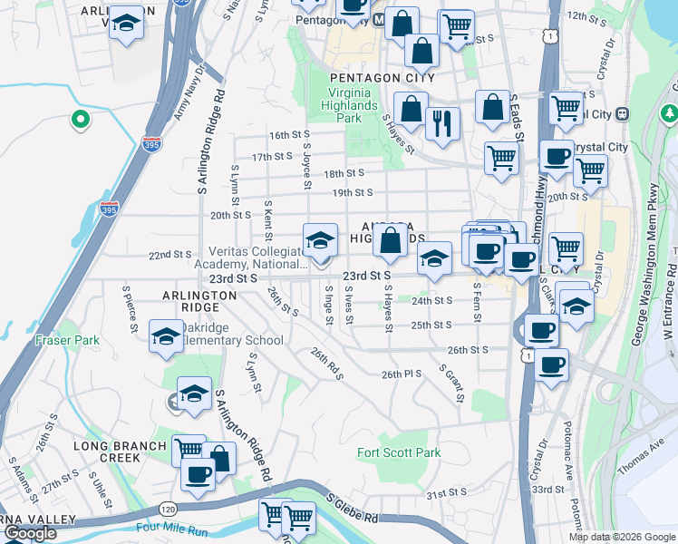 map of restaurants, bars, coffee shops, grocery stores, and more near 2300 South Inge Street in Arlington