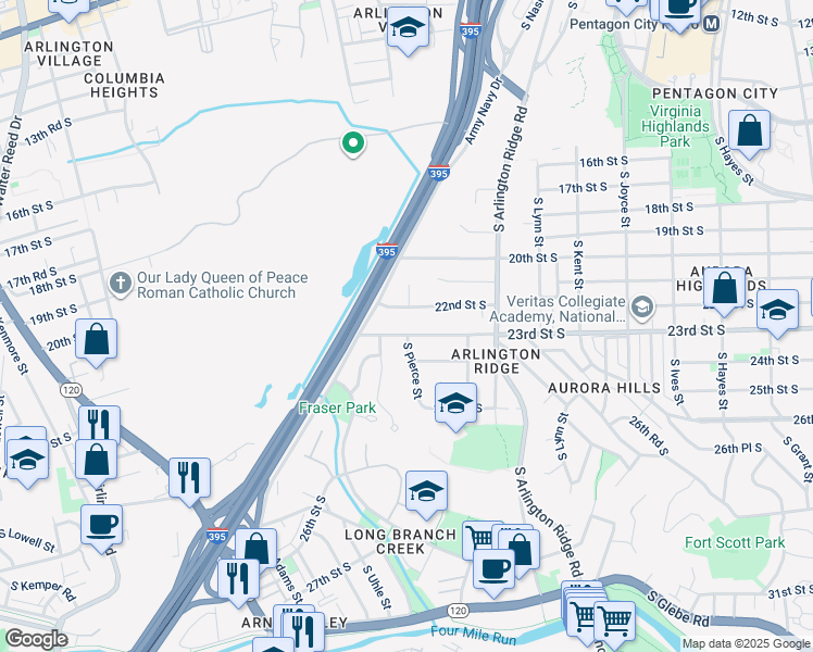 map of restaurants, bars, coffee shops, grocery stores, and more near 1531 23rd Street South in Arlington