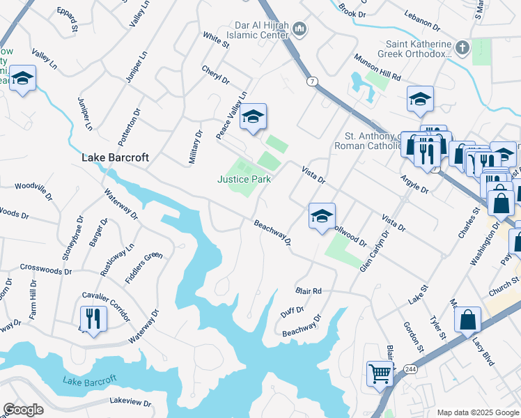 map of restaurants, bars, coffee shops, grocery stores, and more near 3347 Mansfield Road in Falls Church