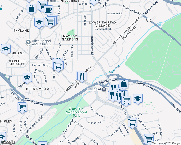 map of restaurants, bars, coffee shops, grocery stores, and more near 3001 Branch Avenue in Temple Hills