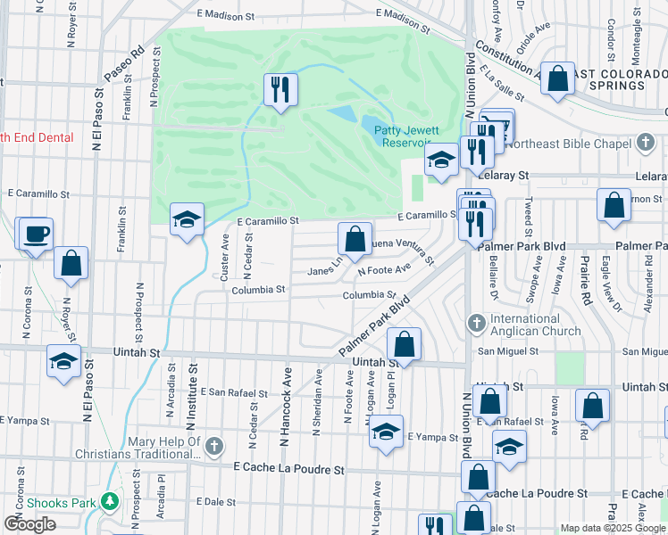 map of restaurants, bars, coffee shops, grocery stores, and more near 1239 Janes Ln in Colorado Springs
