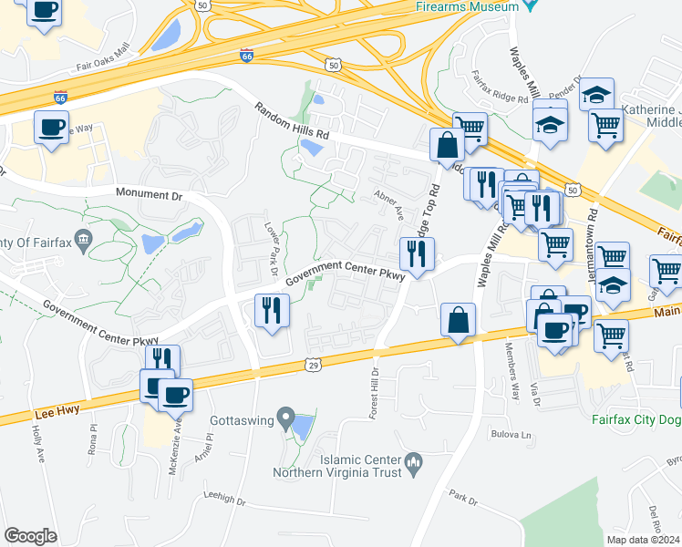 map of restaurants, bars, coffee shops, grocery stores, and more near 4089 River Forth Drive in Fairfax