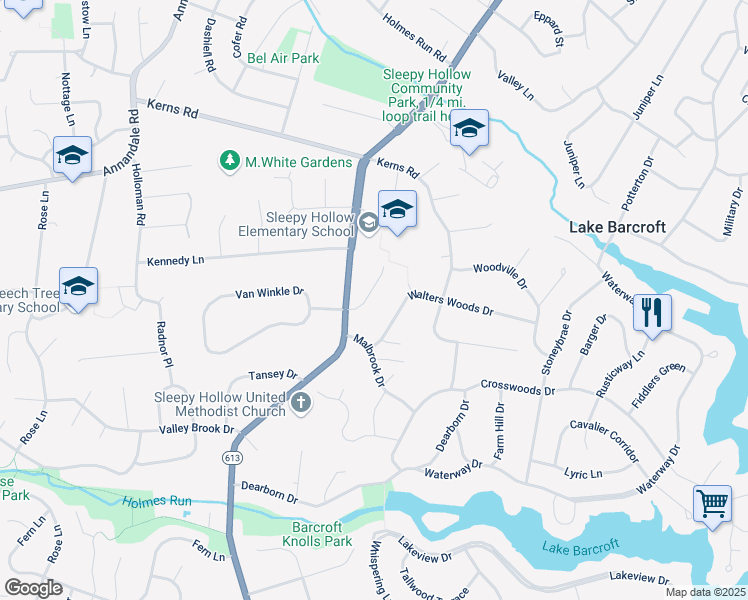 map of restaurants, bars, coffee shops, grocery stores, and more near 6217 Homespun Lane in Falls Church