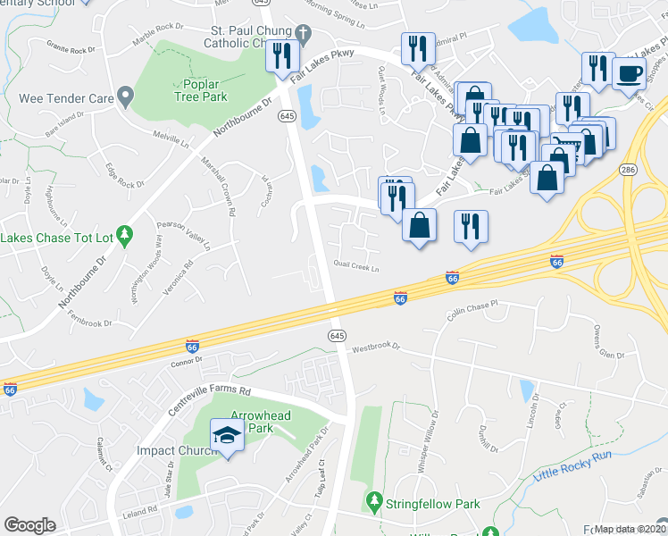 map of restaurants, bars, coffee shops, grocery stores, and more near 13159 Quail Creek Lane in Fairfax