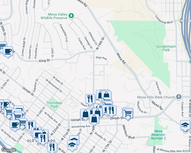 map of restaurants, bars, coffee shops, grocery stores, and more near 1875 West Yampa Street in Colorado Springs