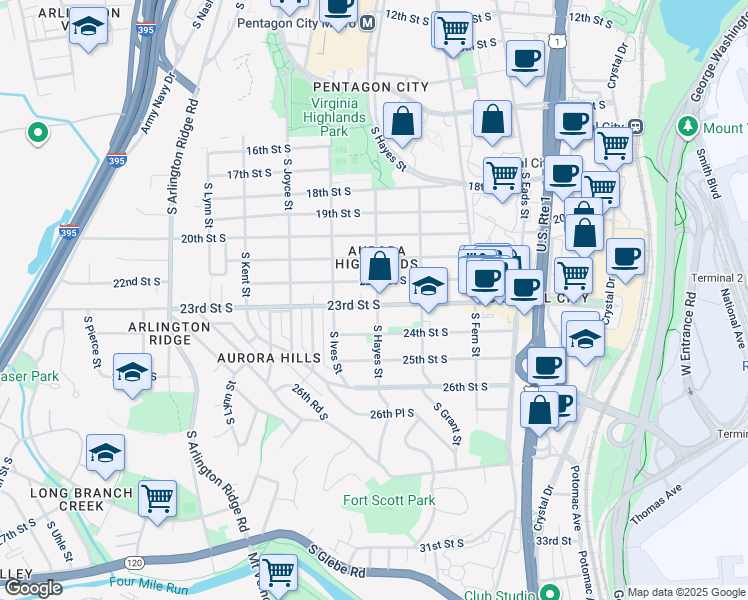 map of restaurants, bars, coffee shops, grocery stores, and more near 801 23rd Street South in Arlington