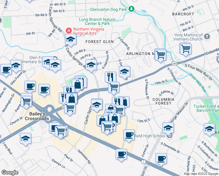 map of restaurants, bars, coffee shops, grocery stores, and more near 5565 Columbia Pike in Arlington