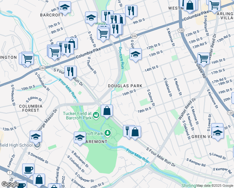 map of restaurants, bars, coffee shops, grocery stores, and more near 4229 16th Street South in Arlington