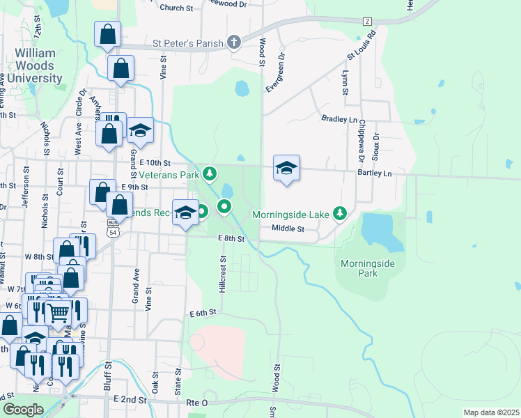 map of restaurants, bars, coffee shops, grocery stores, and more near 908 Wood Street in Fulton