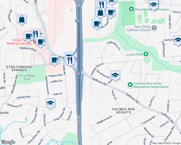 map of restaurants, bars, coffee shops, grocery stores, and more near 7908 Holmes Run Drive in Falls Church