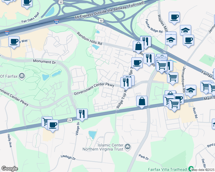 map of restaurants, bars, coffee shops, grocery stores, and more near 11416 Mactavish Heights in Fairfax
