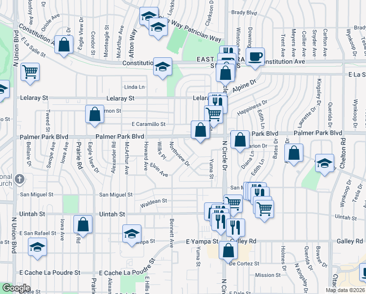map of restaurants, bars, coffee shops, grocery stores, and more near 1407 Northview Drive in Colorado Springs