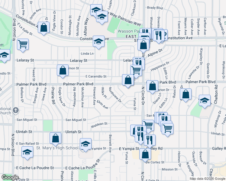 map of restaurants, bars, coffee shops, grocery stores, and more near 1407 Northview Drive in Colorado Springs