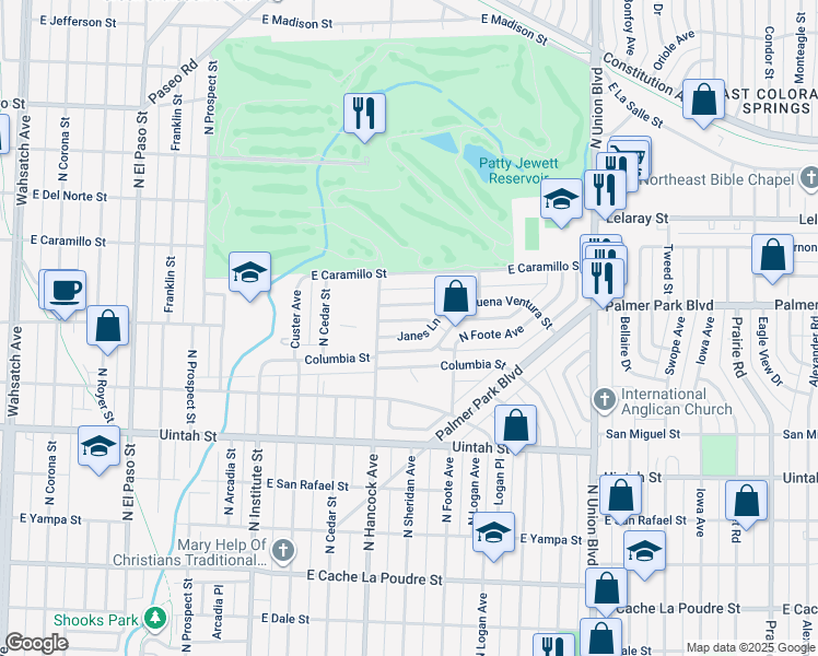 map of restaurants, bars, coffee shops, grocery stores, and more near 1211 Janes Lane in Colorado Springs