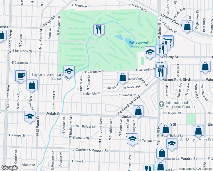 map of restaurants, bars, coffee shops, grocery stores, and more near 1211 Janes Lane in Colorado Springs