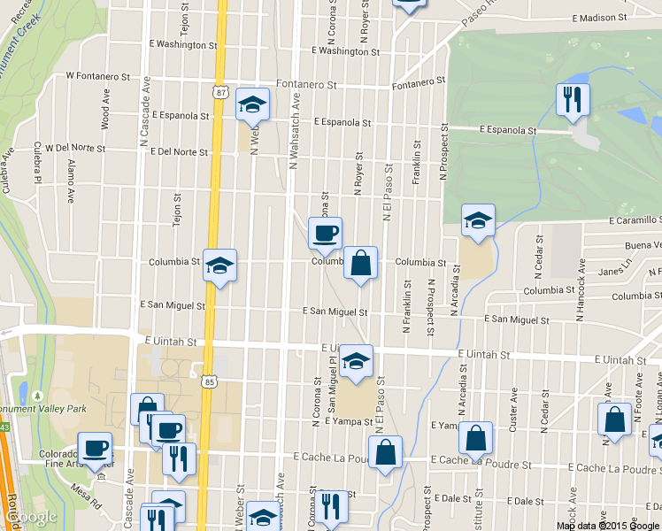 map of restaurants, bars, coffee shops, grocery stores, and more near 1332 North Corona Street in Colorado Springs