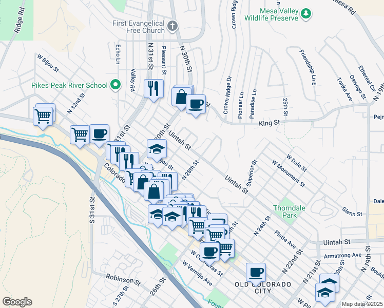 map of restaurants, bars, coffee shops, grocery stores, and more near 2811 West Platte Avenue in Colorado Springs
