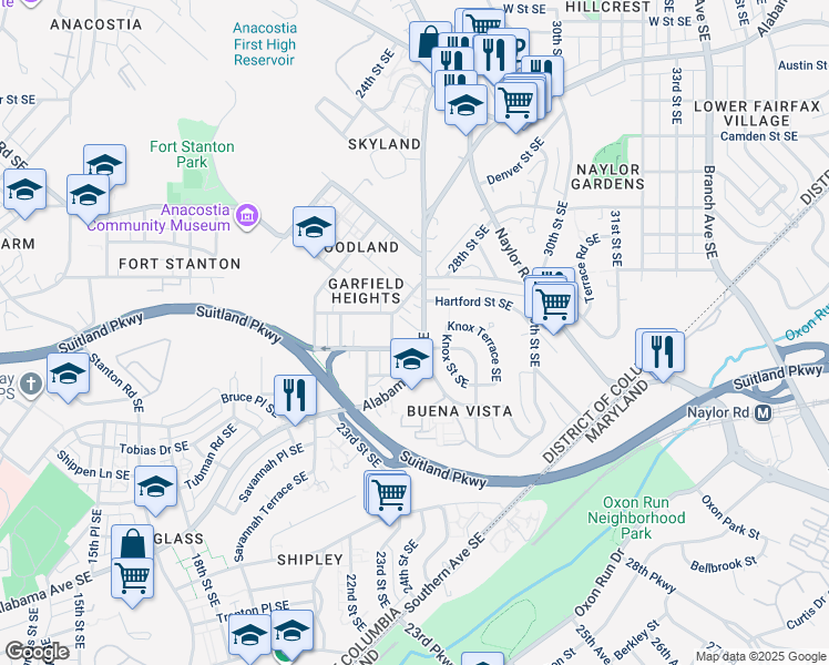 map of restaurants, bars, coffee shops, grocery stores, and more near 2472 Alabama Avenue Southeast in Washington