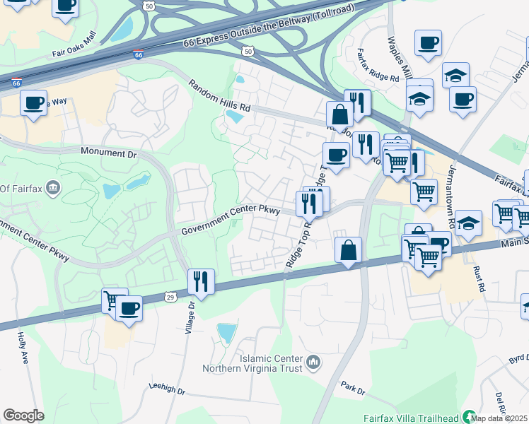 map of restaurants, bars, coffee shops, grocery stores, and more near 11416 Mactavish Heights in Fairfax