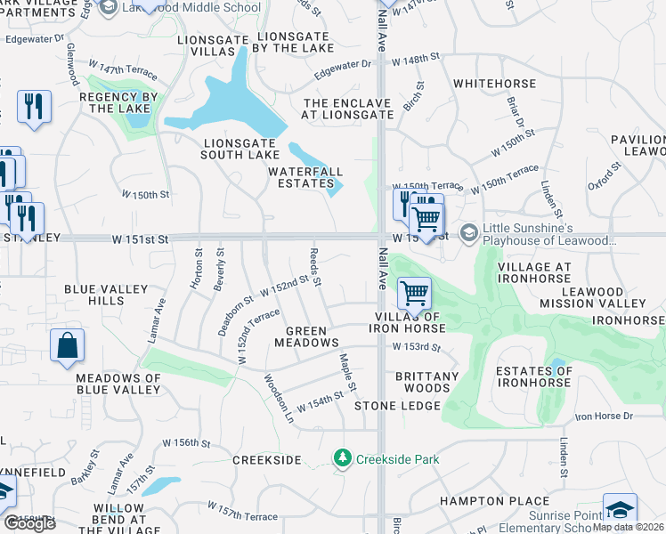 map of restaurants, bars, coffee shops, grocery stores, and more near 15200 Maple Court in Overland Park
