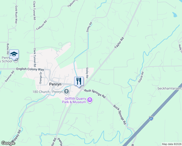 map of restaurants, bars, coffee shops, grocery stores, and more near 7605 Granitehill Lane in Penryn