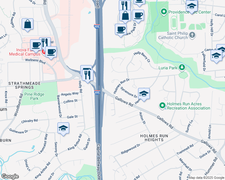 map of restaurants, bars, coffee shops, grocery stores, and more near 7908 Holmes Run Drive in Falls Church