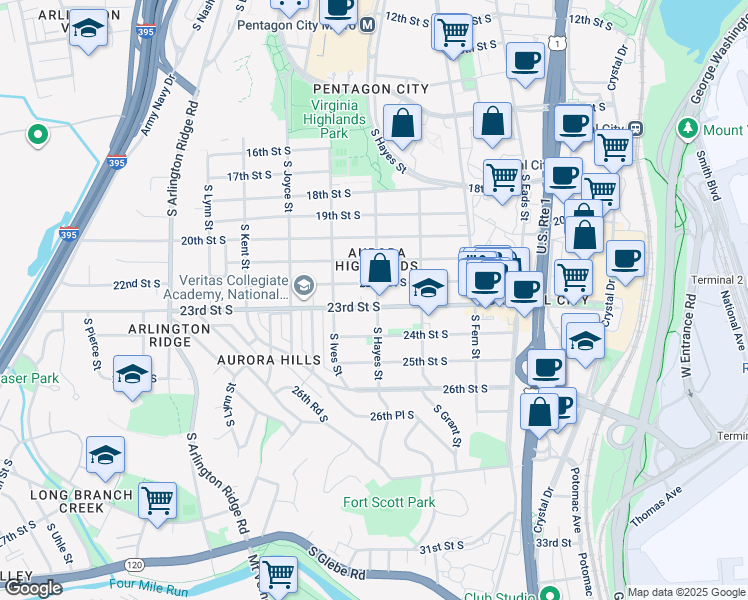 map of restaurants, bars, coffee shops, grocery stores, and more near 801 23rd Street South in Arlington