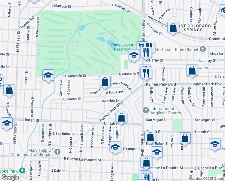 map of restaurants, bars, coffee shops, grocery stores, and more near 1438 North Foote Avenue in Colorado Springs