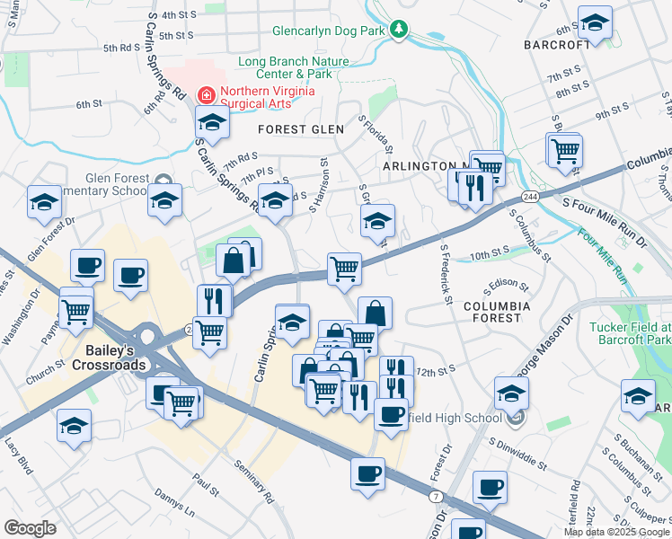 map of restaurants, bars, coffee shops, grocery stores, and more near 5555 Virginia 244 in Arlington