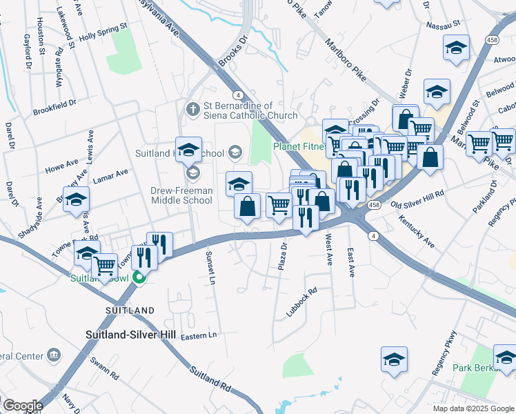 map of restaurants, bars, coffee shops, grocery stores, and more near 5042 Silver Hill Court in District Heights