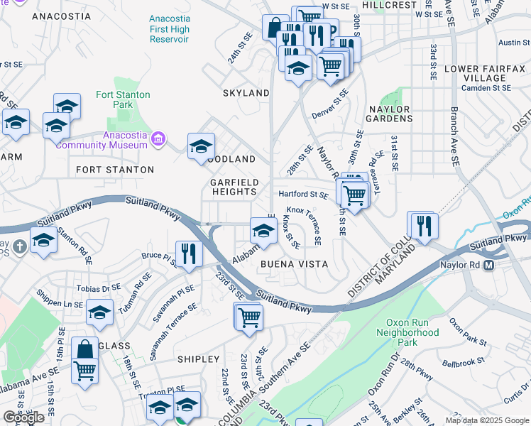 map of restaurants, bars, coffee shops, grocery stores, and more near 2472 Alabama Avenue Southeast in Washington
