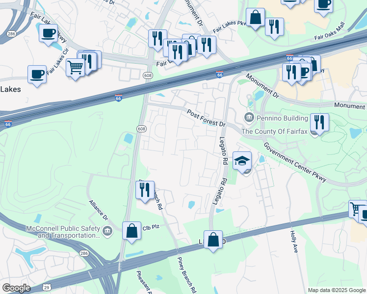 map of restaurants, bars, coffee shops, grocery stores, and more near 4522 Billingham Street in Fairfax