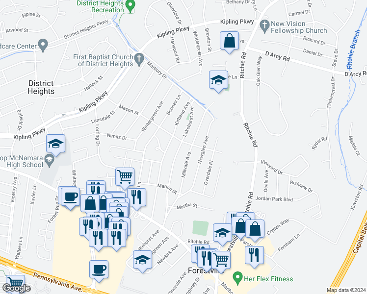 map of restaurants, bars, coffee shops, grocery stores, and more near 2602 Lakehurst Avenue in District Heights