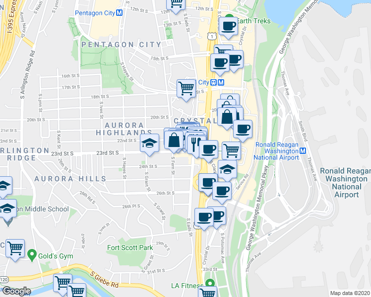 map of restaurants, bars, coffee shops, grocery stores, and more near 525 23rd Street South in Arlington