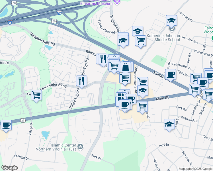 map of restaurants, bars, coffee shops, grocery stores, and more near 11310 Westbrook Mill Lane in Fairfax